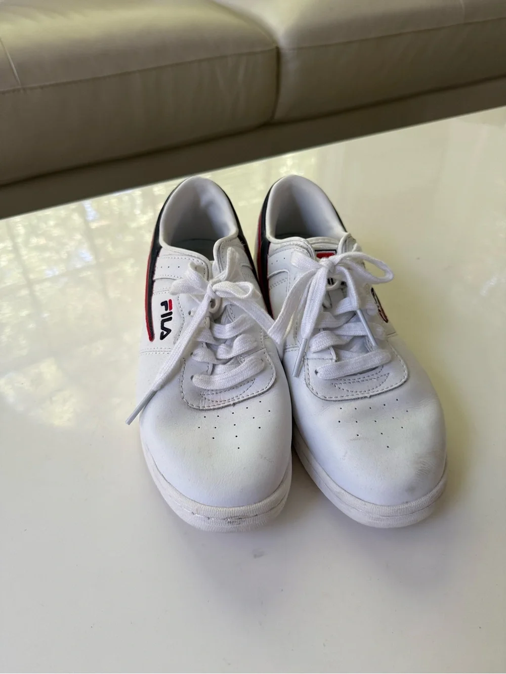 FILA White Sneakers with Black & Red Swoosh
